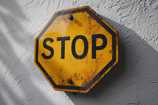 Aged yellow stop sign on a textured gray wall
