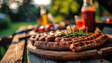 Fried sausage with vegetables on a wooden board. Outdoor barbecue. AI generated.
 - obrazy, fototapety, plakaty