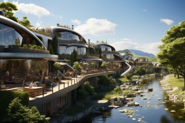 Fototapeta premium Eco-Friendly Community with Integrated Energy Storage and Renewable Sources, on an isolated Eco-Friendly Blue background, Generative AI