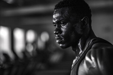 Black and white photo of a man focused on lifting weights in a gym