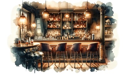 Cozy bar interior with warm lighting and elegant seating.