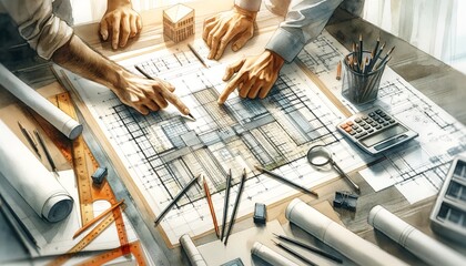 Architects working on a building plan with tools and blueprints.
