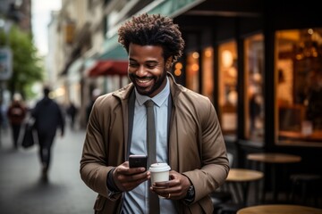 Determined businessman walking down a city street, staying connected with his laptop and coffee in hand, Generative AI - obrazy, fototapety, plakaty
