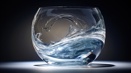  a close up of a glass with water inside of it on a black background with a reflection of the water in the glass.