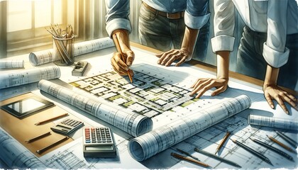 Architects working on a building plan with tools and blueprints.