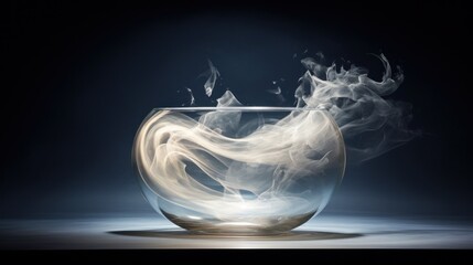  a glass bowl filled with smoke on top of a blue tablecloth with a light reflecting off the side of the bowl.