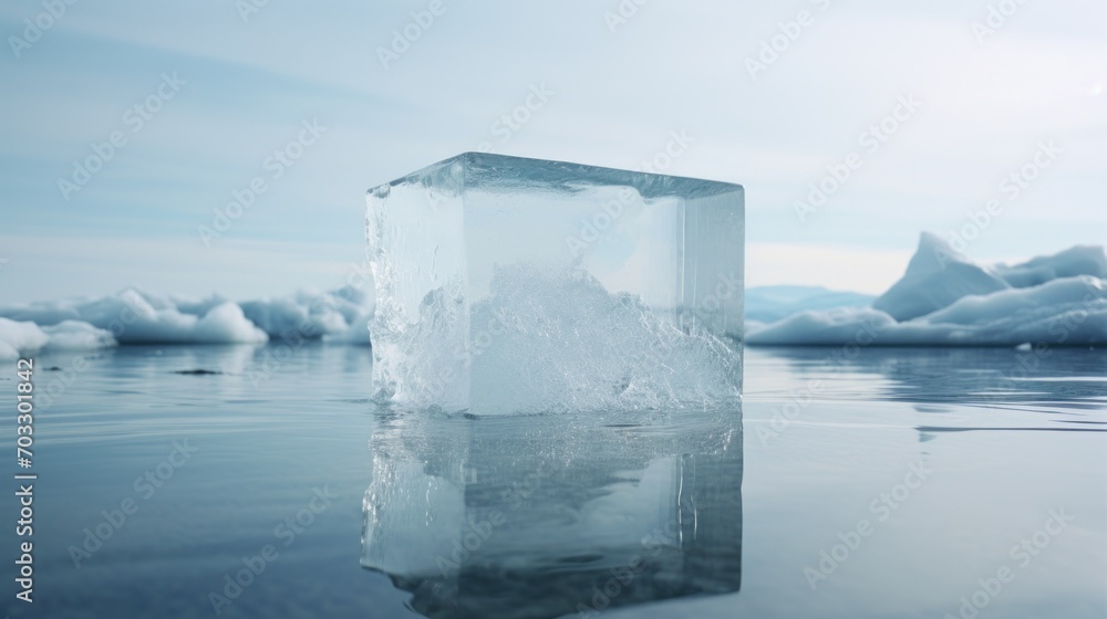 Wall mural a block of ice floating on top of a body of water next to icebergs in the middle of the ocean.