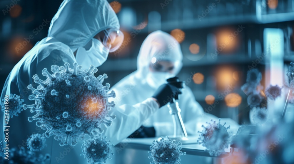 Poster a team of scientists wearing a protective white suit are studying samples of microorganisms under a 
