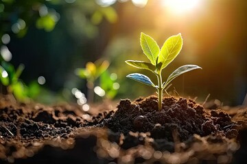 Nurturing nature promise young seedling sprouting from rich fertile soil. Green beginnings. Close up of tiny symbolizing growth and life. Sustainable agriculture. Fresh emerging from earth embrace