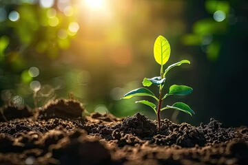 Nurturing nature promise young seedling sprouting from rich fertile soil. Green beginnings. Close up of tiny symbolizing growth and life. Sustainable agriculture. Fresh emerging from earth embrace