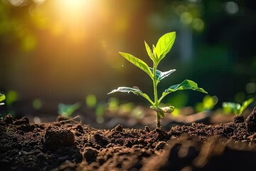 Nurturing nature promise young seedling sprouting from rich fertile soil. Green beginnings. Close up of tiny symbolizing growth and life. Sustainable agriculture. Fresh emerging from earth embrace