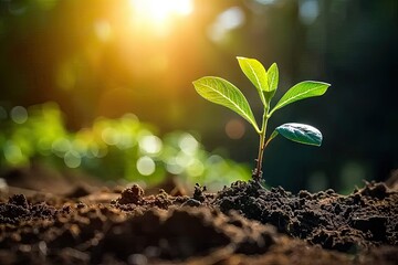 Nurturing nature promise young seedling sprouting from rich fertile soil. Green beginnings. Close up of tiny symbolizing growth and life. Sustainable agriculture. Fresh emerging from earth embrace