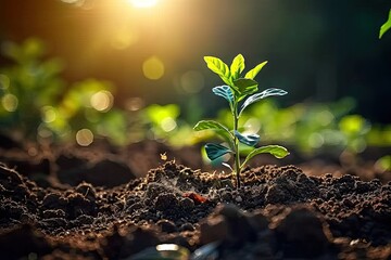 Nurturing nature promise young seedling sprouting from rich fertile soil. Green beginnings. Close up of tiny symbolizing growth and life. Sustainable agriculture. Fresh emerging from earth embrace