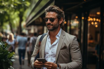 Focused businessman taking a refreshing stroll in the city, a laptop and coffee cup making his day more productive, Generative AI - obrazy, fototapety, plakaty