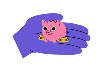 Hand drawn cute cartoon illustration of palm with small piggy bank and coins. Flat vector accumulate savings sticker in colored doodle style. Low income icon. Financial crisis or bankruptcy. Isolated