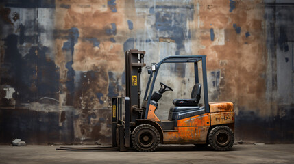 Fototapeta na wymiar Forklift truck on industrial dirty wall background