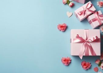 Obraz na płótnie Canvas Top view concept photo of woman's day composition gift boxes with bows ribbon flowers on isolated pastel background with copyspace for text