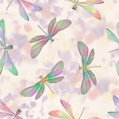 seamless pattern with watercolor dragonflies on an abstract background for packaging design and greeting cards