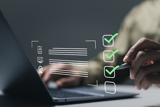 Quality assurance concept. Businessman make checklist for ISO certification and standardization concept. certificate, approval, compliance to requirements.