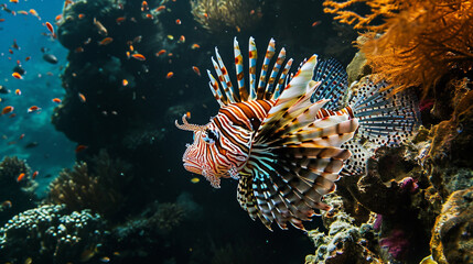 Large lionfish fish, ocean, large coral reefs, predatory and poisonous fish. Rare ocean fish.