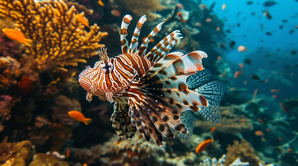Naklejka na ściany i meble Large lionfish fish, ocean, large coral reefs, predatory and poisonous fish. Rare ocean fish.