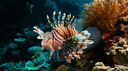 Fototapeta na wymiar Large lionfish fish, ocean, large coral reefs, predatory and poisonous fish. Rare ocean fish.