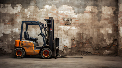 Fototapeta na wymiar Forklift truck on industrial dirty wall background