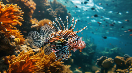 Naklejka na ściany i meble Large lionfish fish, ocean, large coral reefs, predatory and poisonous fish. Rare ocean fish.