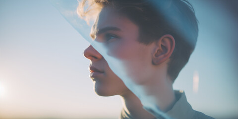 Young man's profile overlaid with soft blue light and reflections, giving a calm and reflective atmosphere