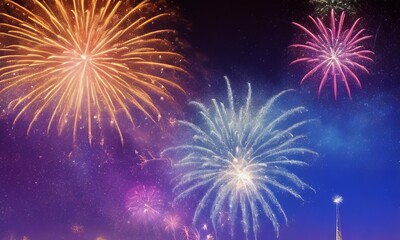 Fototapeta premium Fireworks on the night sky background