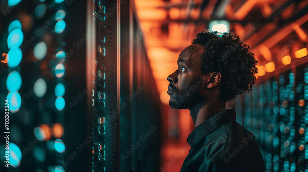 Wall mural Jeune homme s'occupant de la maintenance et de gérer les serveurs informatique, métier technicien dans un datacenter ou sysadmin