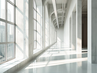 Bright modern gallery interior with city view, large windows, and concrete pillars. Generative AI