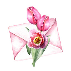 Pink envelope with a bouquet of pink tulip flowers. Watercolor illustration for valentine's day, birthday, holiday isolated on white background.