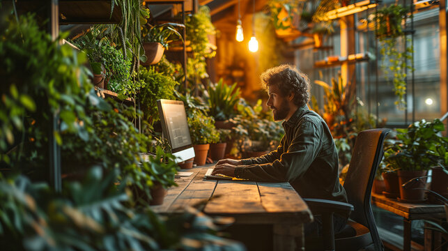 Homme en t&eacute;l&eacute;travail dans un espace de coworking vert tr&egrave;s v&eacute;g&eacute;talis&eacute;, croissance verte et empreinte &eacute;cologique de l'entreprise, RSE et souci environnemental de l'activit&eacute; professionnelle