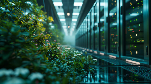 Plante rampante qui prend possession du datacenter, allégorie de la croissance verte et du numérique durable, centre informatique et serveurs verts