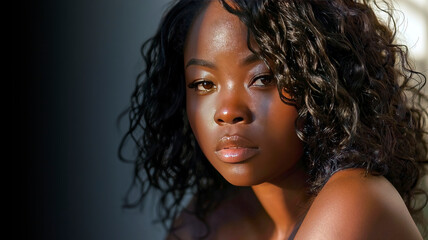 Portrait of a Black Woman with Curly Hair, Face Illuminated by Sunlight from a Window