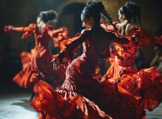 Passionate spanish gypsy national culture dance flamenco performed by a female dancer - obrazy, fototapety, plakaty