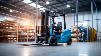 Blue forklift parked in a spacious industrial warehouse with pallets. Warehouse concept. Generative AI - obrazy, fototapety, plakaty