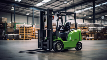 Green forklift parked in warehouse, material handling equipment on glossy floor. Storage concept. Generative AI - obrazy, fototapety, plakaty