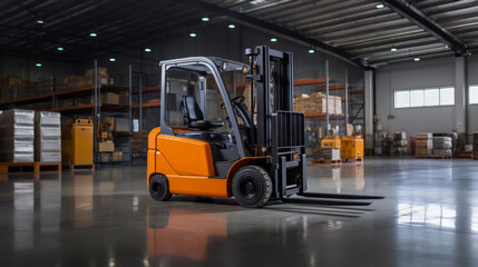 Orange forklift lifting pallet in a spacious industrial warehouse. Supply chain optimization concept. Generative AI