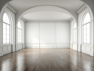 Classic empty room with arched windows and wooden floors. Traditional elegance. Generative AI