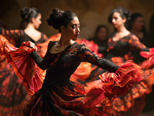 Passionate spanish gypsy national culture dance flamenco performed by a female dancer - obrazy, fototapety, plakaty