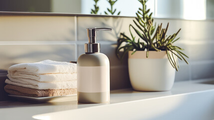 Minimalist bathroom interior with beige soap dispenser and folded towels. Clean design concept. Generative AI - Powered by Adobe