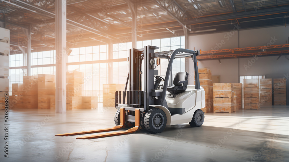 Poster forklift in a warehouse with sun rays shining through windows. logistic efficiency concept. generati