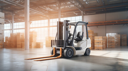 Forklift in a warehouse with sun rays shining through windows. Logistic efficiency concept. Generative AI - obrazy, fototapety, plakaty