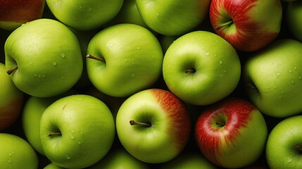  a pile of green and red apples with drops of water on the tops of the apples and the tops of the apples.