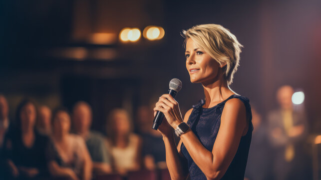 Elegant woman speaking at a formal event, audience in background. Elegance and communication concept. Generative AI