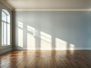 Minimalist empty room with arched window and soft light on herringbone floor. Design simplicity. Generative AI
