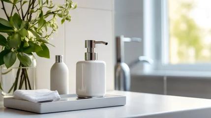 Dekokissen Bright bathroom interior with white soap dispenser and green plant decorations. Freshness and purity concept. Generative AI © ImageFlow
