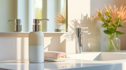 Elegant bathroom accessories displayed on countertop with natural light. Home decor and hygiene concept. Generative AI